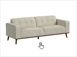 Sofa product view with a hand cursor indicating that the shopper can interact with the image