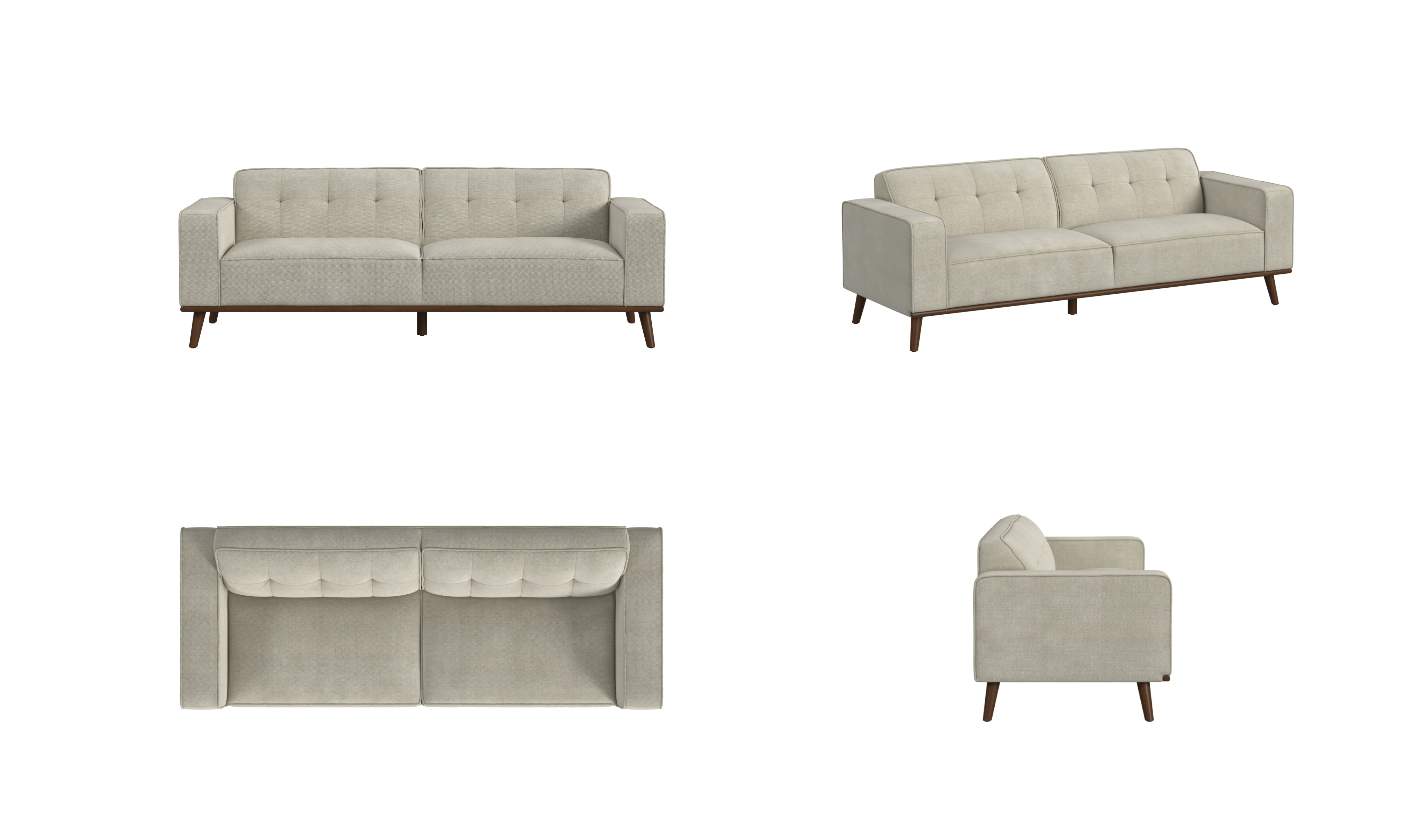 Four ecommerce views of a neutral sofa against a white background