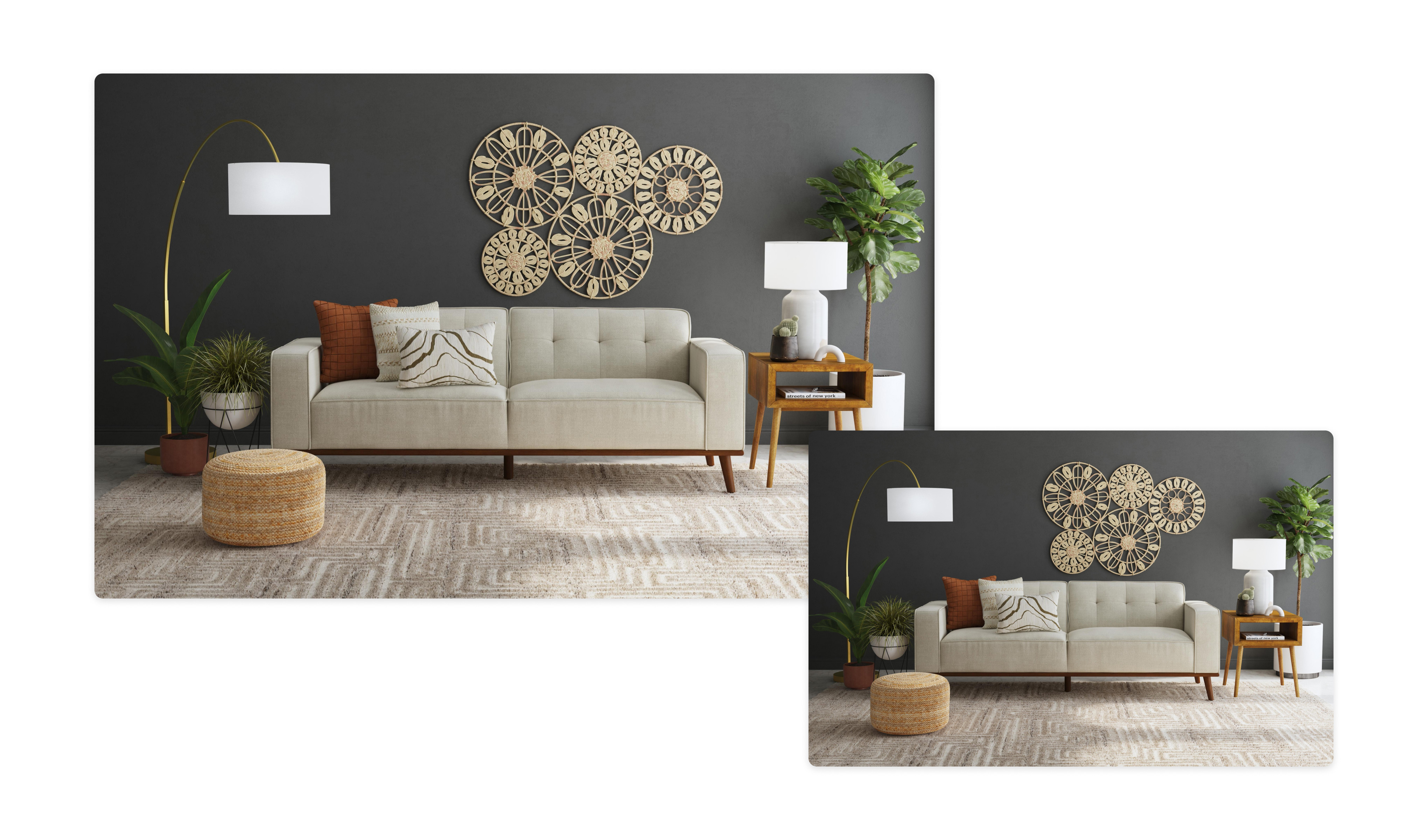 Neutral sofa presented in a styled living room with soft furnishings and wall decor